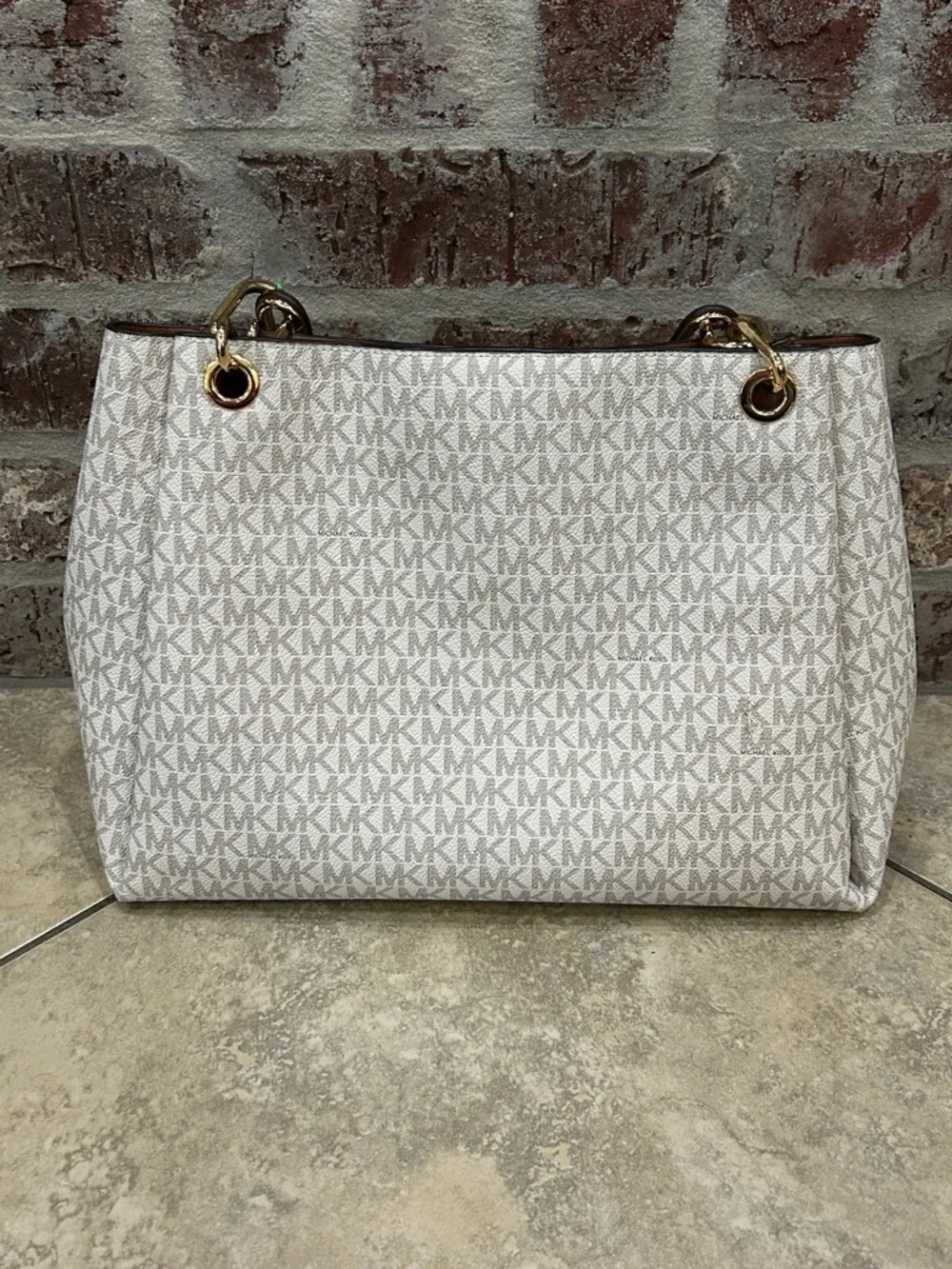 Michael Kors Cream and Brown Logo-Print Tote with Gold Hardware - Picture 4 of 11